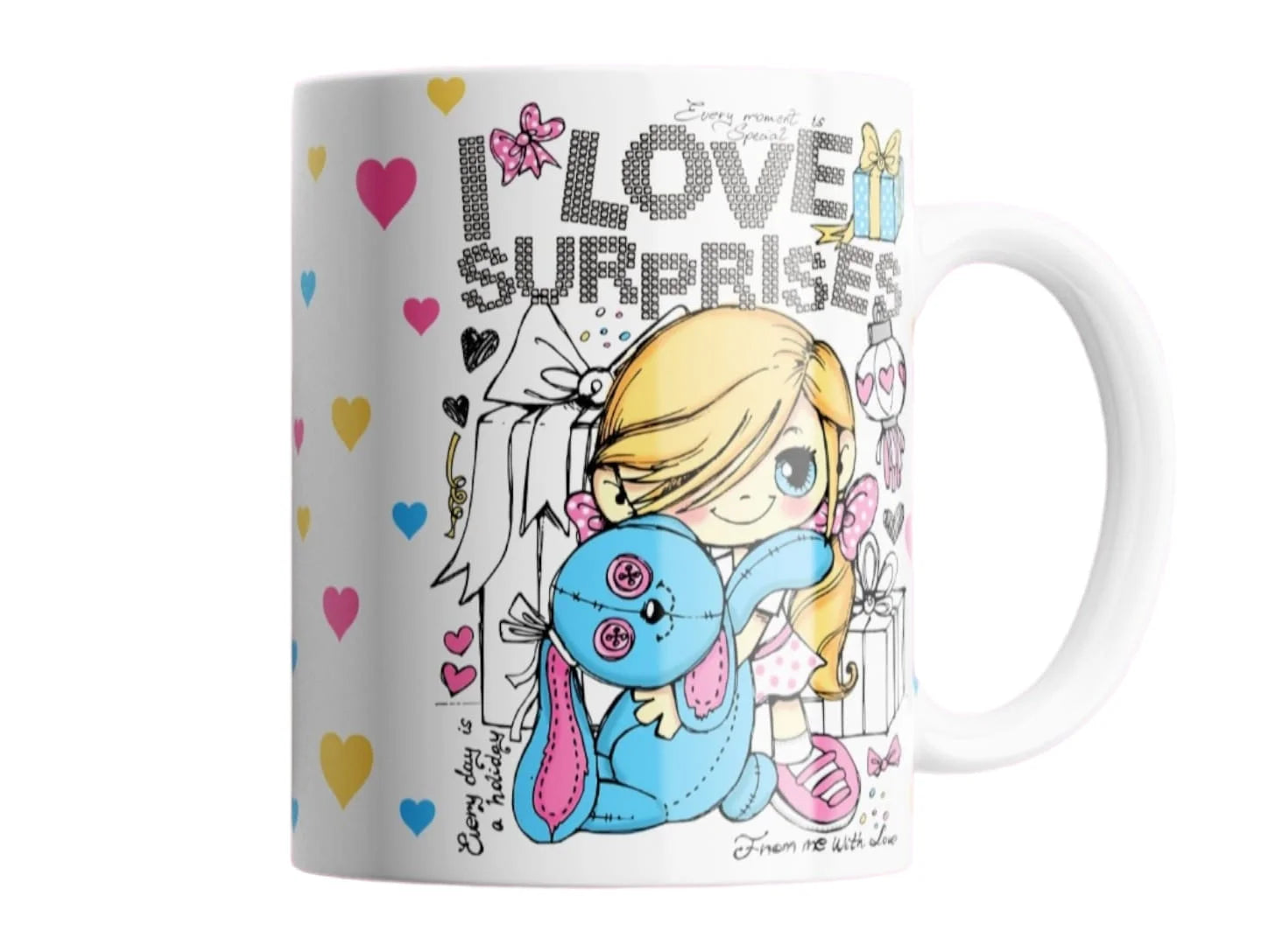 Cana personalizata, I love surprises, Ceramica, Alb, 350 ml