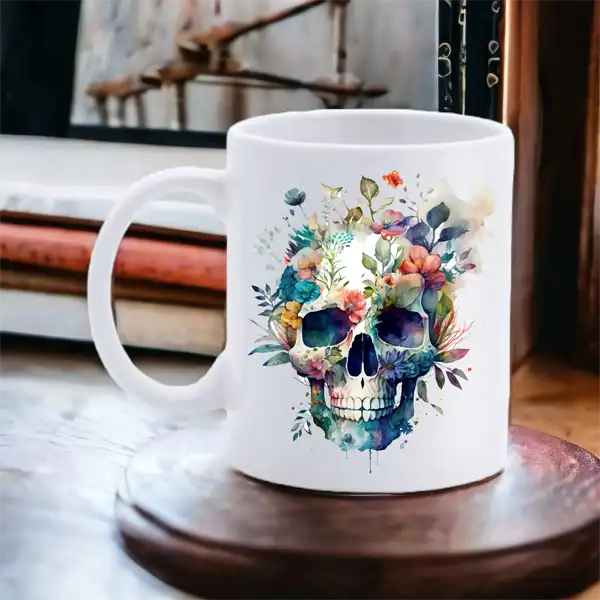 Cana personalizata, Skull Floral, Ceramica, Alb, 350 ml