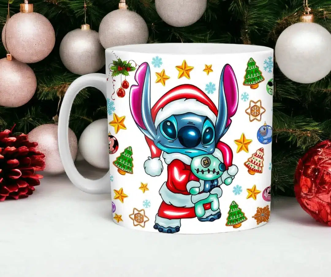 Cana personalizata, Stitch de Craciun Model 2, Ceramica, Alb, 350 ml