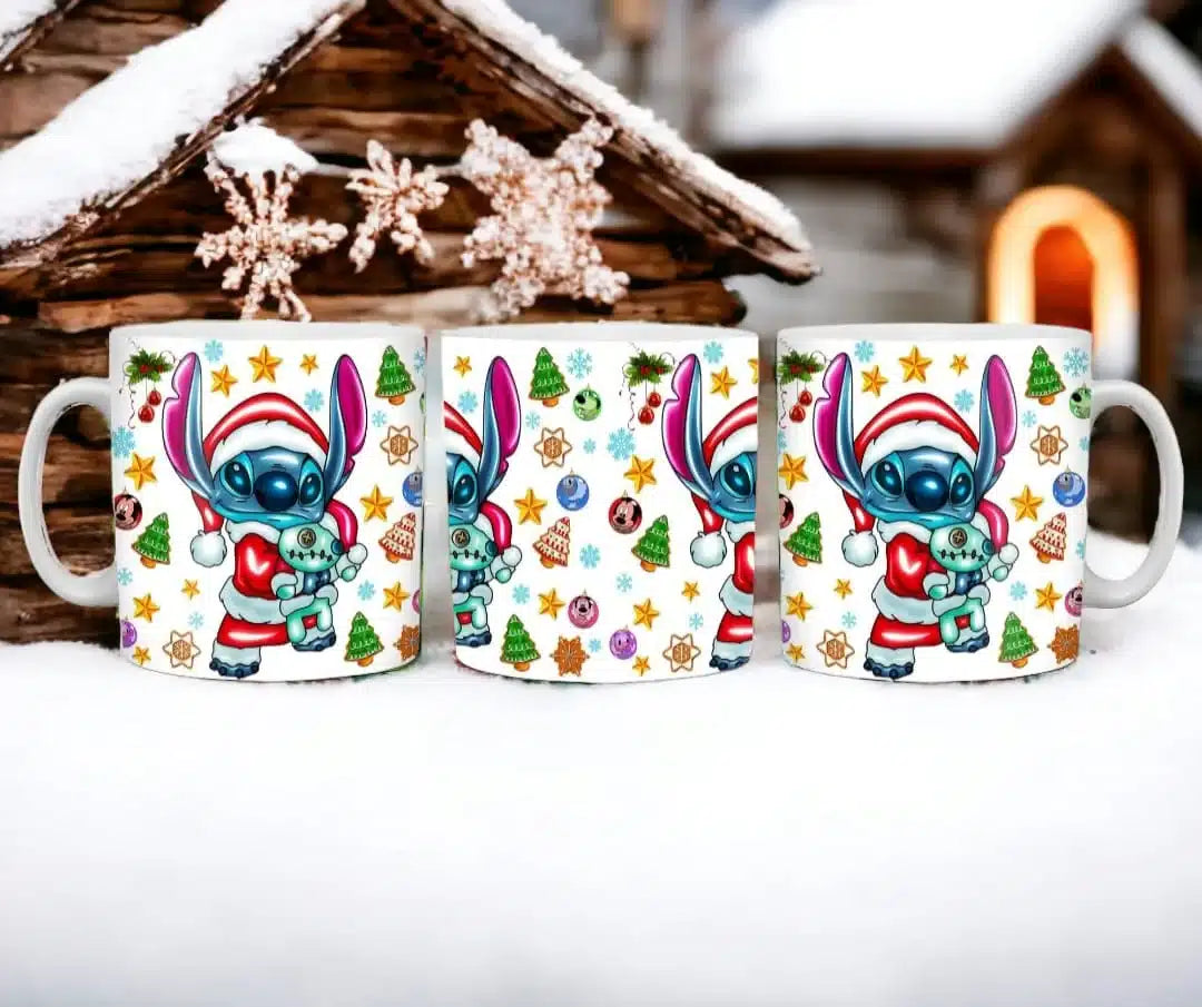 Cana personalizata, Stitch de Craciun Model 2, Ceramica, Alb, 350 ml