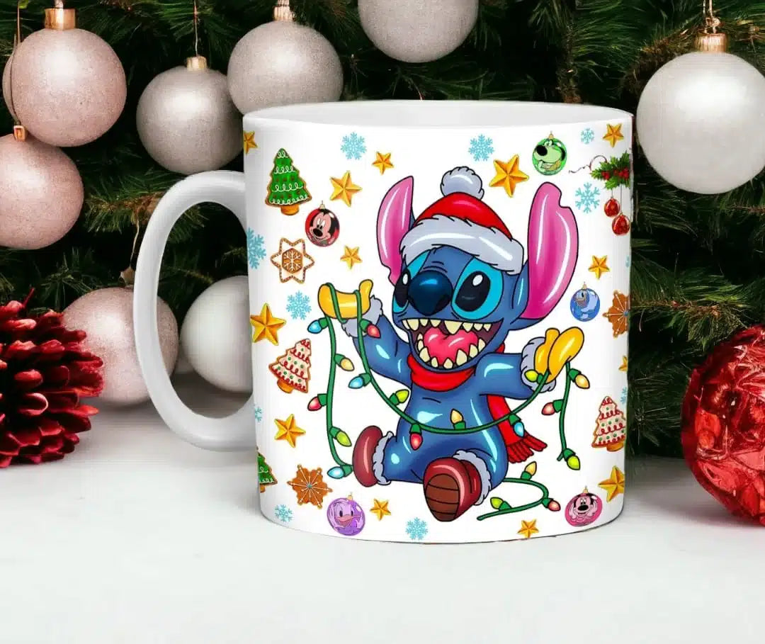 Cana personalizata, Stitch de Craciun Model 3, Ceramica, Alb, 350 ml
