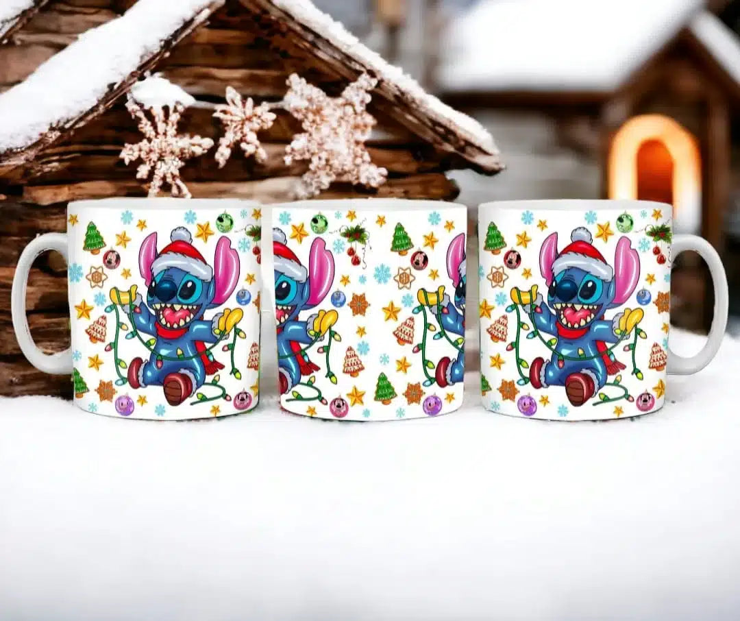 Cana personalizata, Stitch de Craciun Model 3, Ceramica, Alb, 350 ml