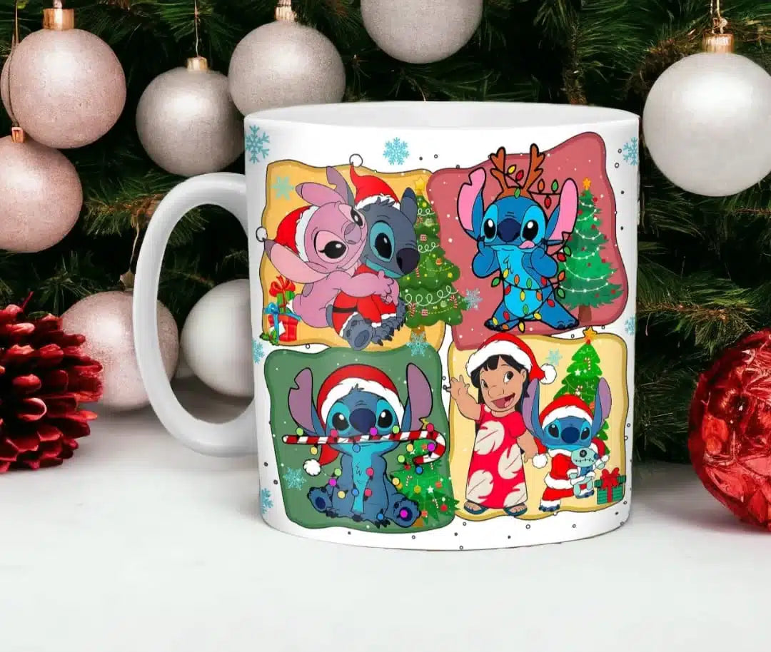Cana personalizata, Stitch de Craciun Model 4, Ceramica, Alb, 350 ml
