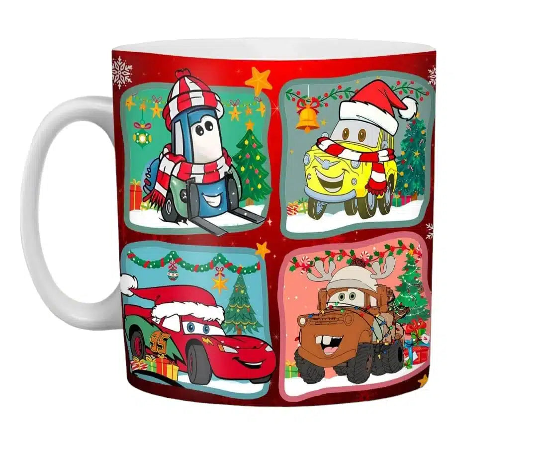 Cana personalizata, Cars de Craciun, Ceramica, Alb, 350 ml