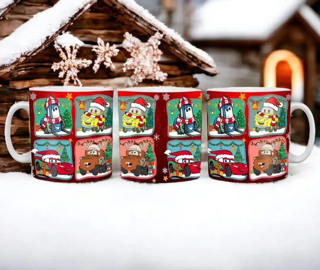 Cana personalizata, Cars de Craciun, Ceramica, Alb, 350 ml