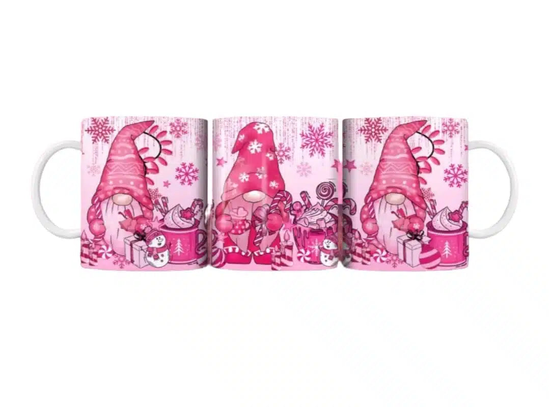Cana personalizata, Gnom de Craciun Roz, Ceramica, Alb, 350 ml