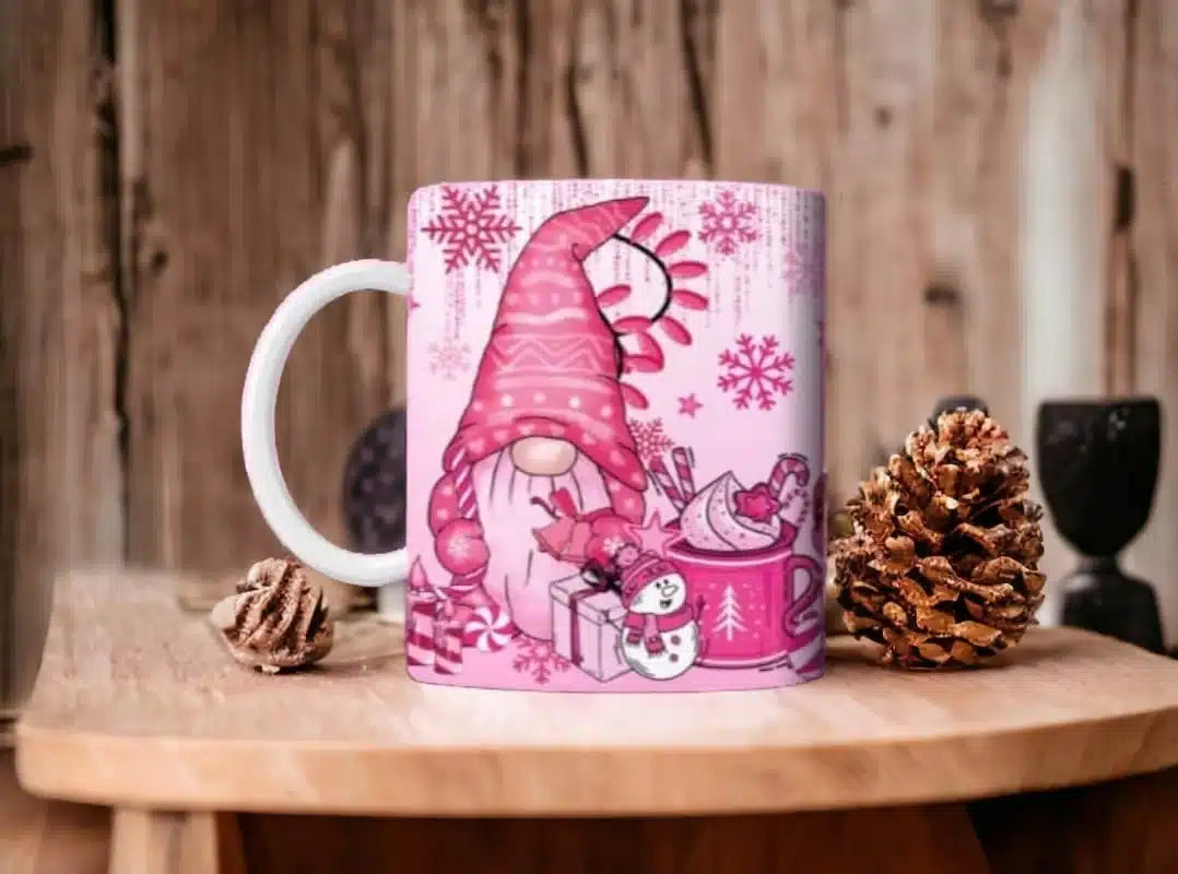 Cana personalizata, Gnom de Craciun Roz, Ceramica, Alb, 350 ml