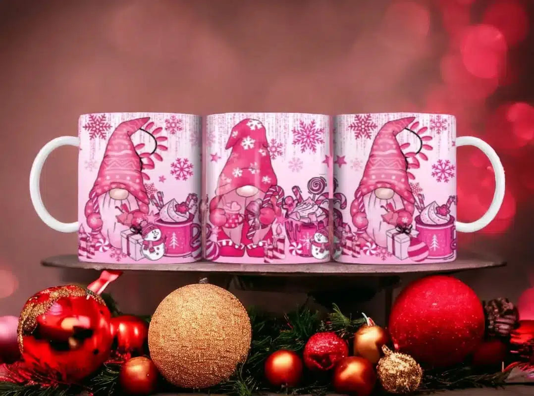 Cana personalizata, Gnom de Craciun Roz, Ceramica, Alb, 350 ml