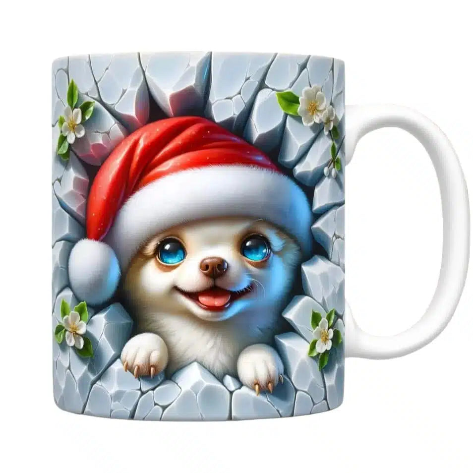 Cana personalizata, Catelus de Craciun Model 9, Ceramica, Alb, 350 ml