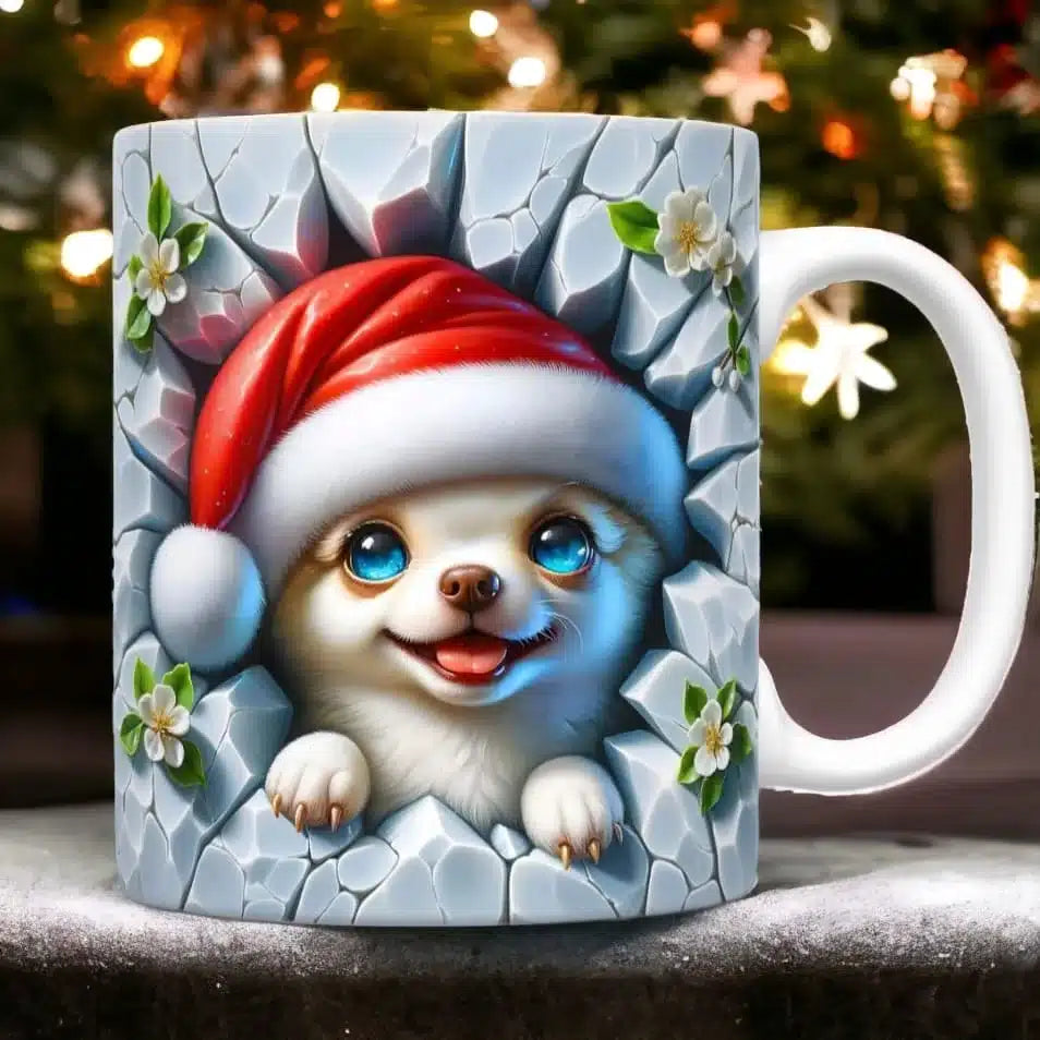 Cana personalizata, Catelus de Craciun Model 9, Ceramica, Alb, 350 ml