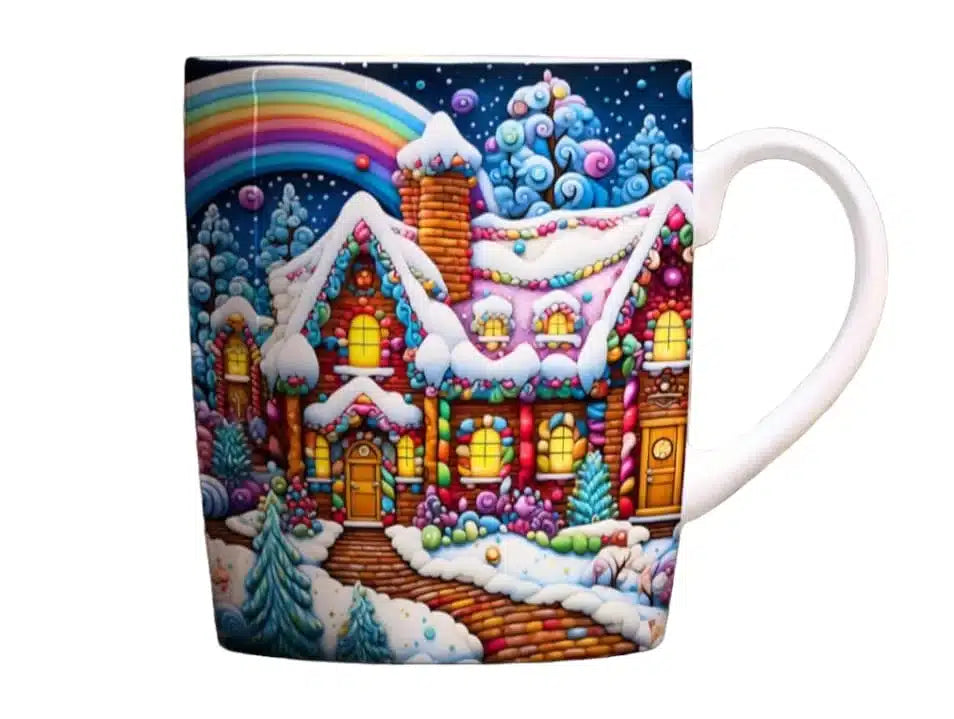 Cana personalizata, Casuta din turta dulce de Craciun, Ceramica, Alb, 350 ml