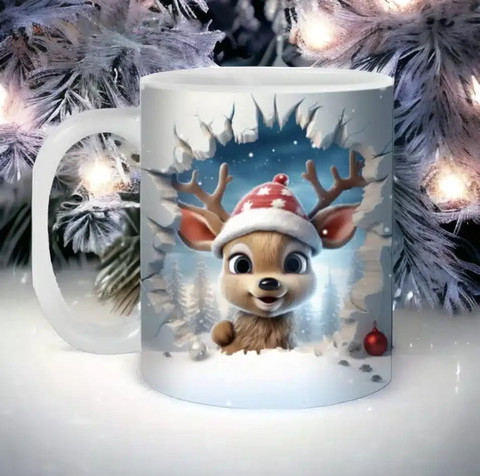 Cana personalizata, Pui de Caprioara de Craciun Model 1, Ceramica, Alb, 350 ml