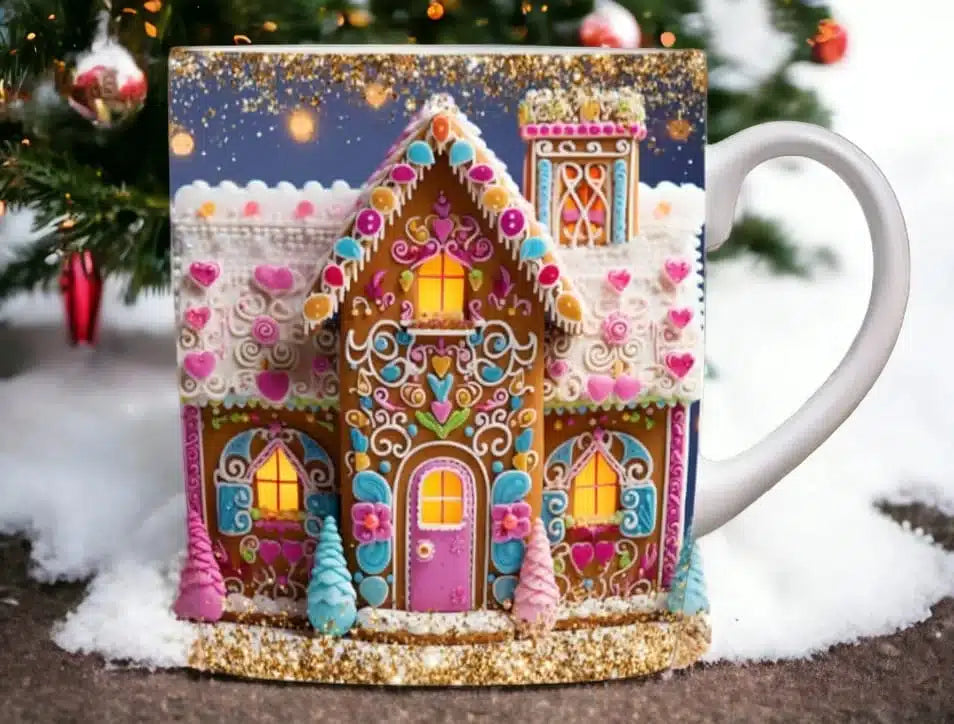 Cana personalizata, Casuta de turta dulce de Craciun Model 4, Ceramica, Alb, 350 ml