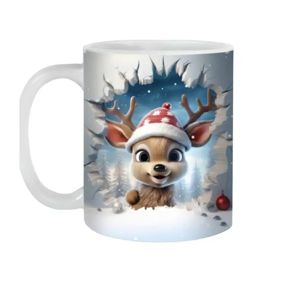 Cana personalizata, Pui de Caprioara de Craciun Model 1, Ceramica, Alb, 350 ml