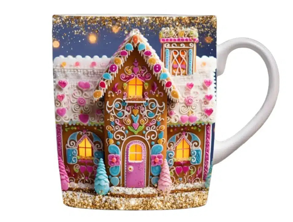 Cana personalizata, Casuta de turta dulce de Craciun Model 4, Ceramica, Alb, 350 ml