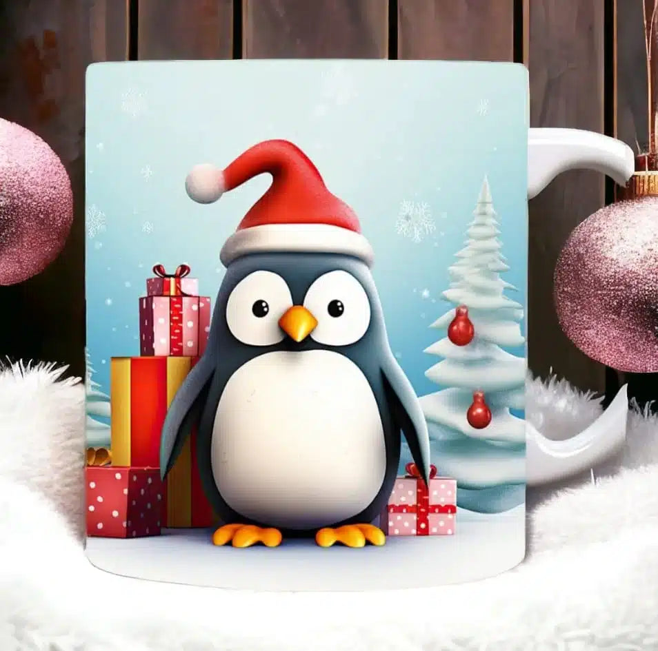 Cana personalizata, Pinguin de Craciun Model 4, Ceramica, Alb, 350 ml