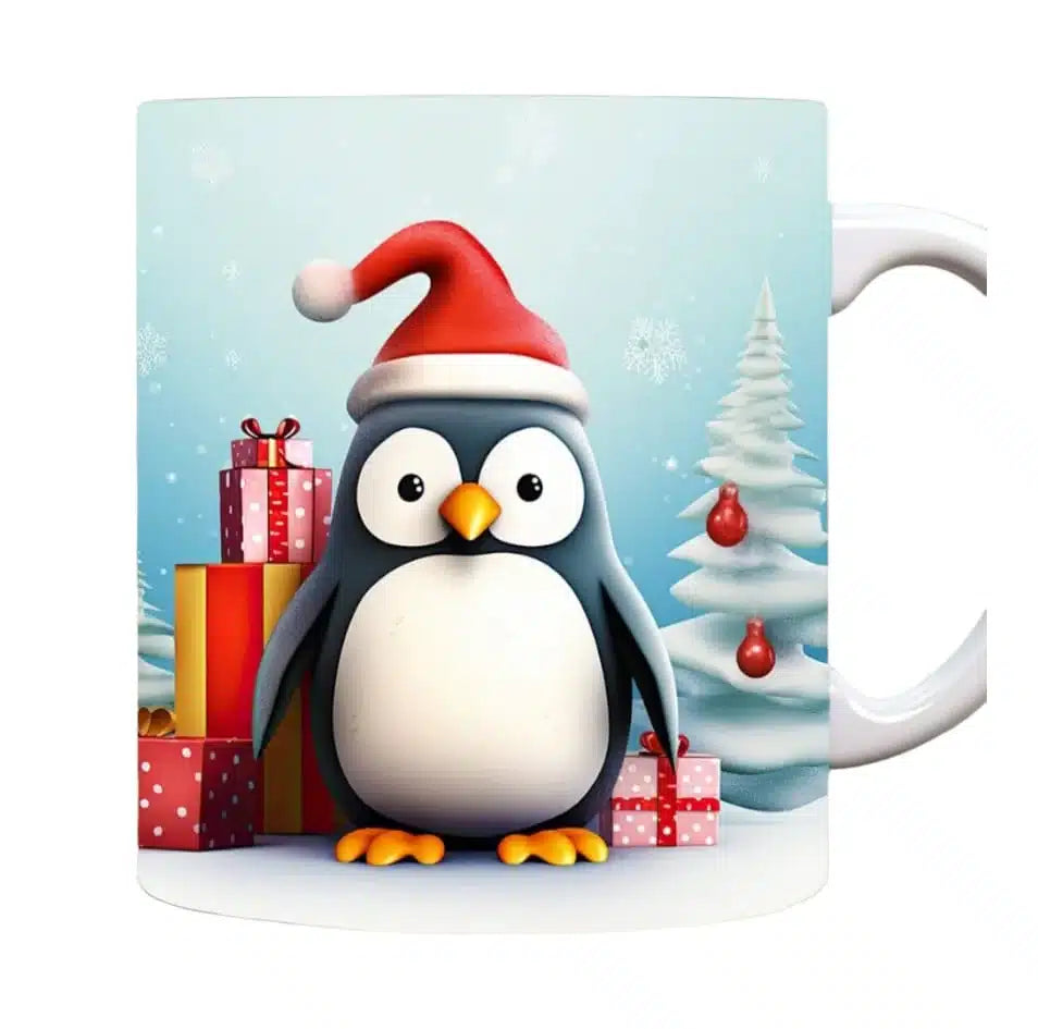 Cana personalizata, Pinguin de Craciun Model 4, Ceramica, Alb, 350 ml