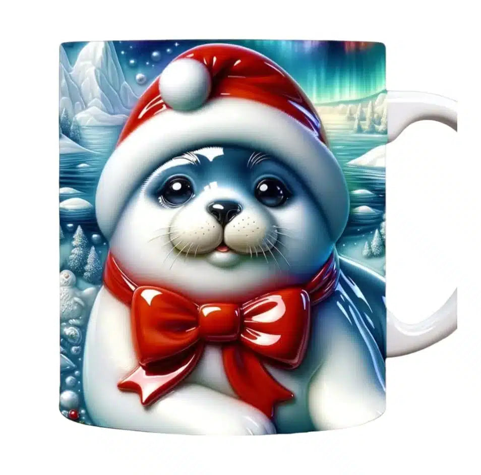 Cana personalizata, Foca de Craciun Model 2, Ceramica, Alb, 350 ml