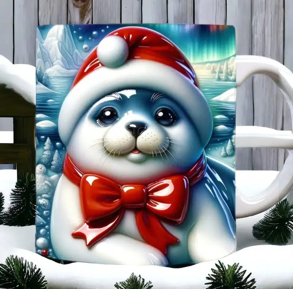 Cana personalizata, Foca de Craciun Model 2, Ceramica, Alb, 350 ml