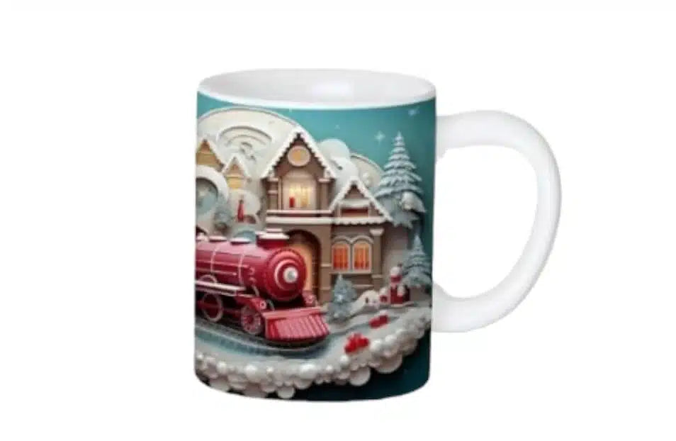 Cana personalizata, Locomotiva roz de Craciun, Ceramica, Alb, 350 ml