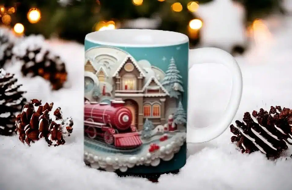 Cana personalizata, Locomotiva roz de Craciun, Ceramica, Alb, 350 ml