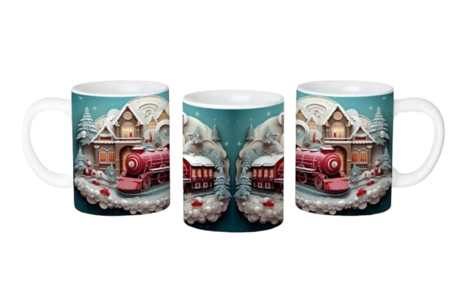 Cana personalizata, Locomotiva roz de Craciun, Ceramica, Alb, 350 ml
