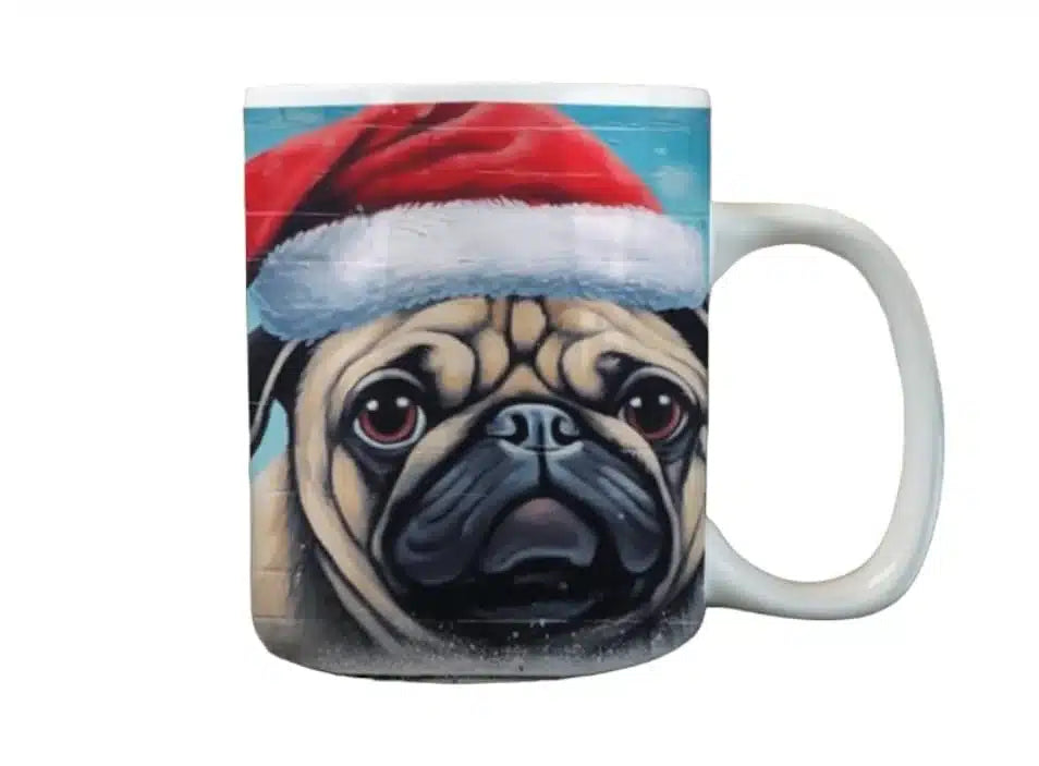 Cana personalizata, Catelus Pug de Craciun Model 1, Ceramica, Alb, 350 ml