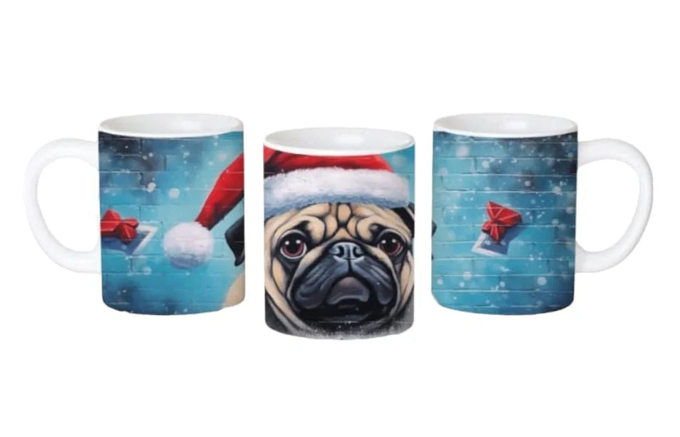Cana personalizata, Catelus Pug de Craciun Model 1, Ceramica, Alb, 350 ml