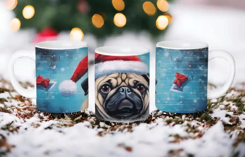 Cana personalizata, Catelus Pug de Craciun Model 1, Ceramica, Alb, 350 ml