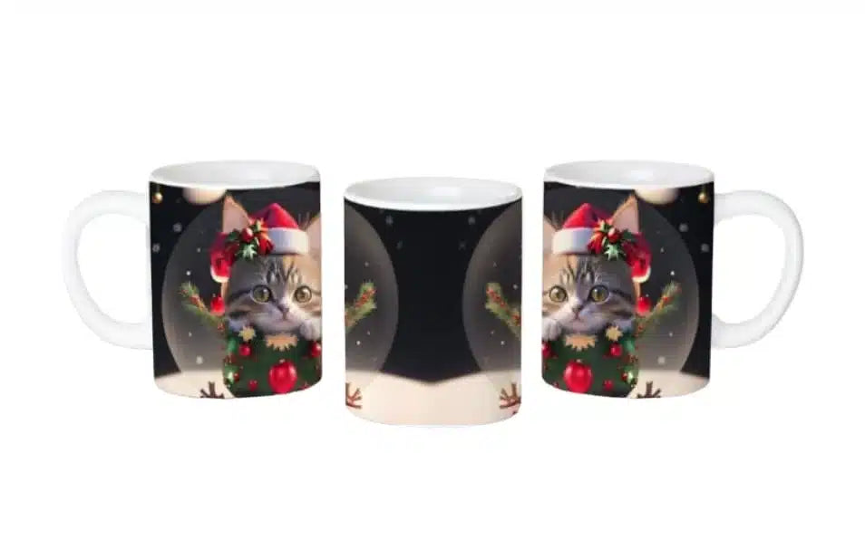 Cana personalizata, Pisicuta de Craciun Model 3, Ceramica, Alb, 350 ml