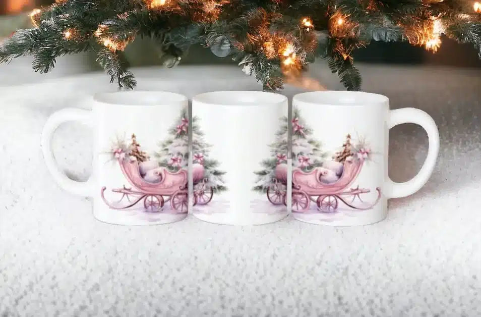 Cana personalizata, Craciun roz, Ceramica, Alb, 350 ml