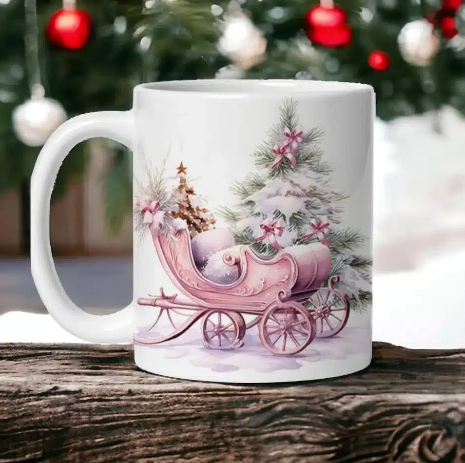 Cana personalizata, Craciun roz, Ceramica, Alb, 350 ml