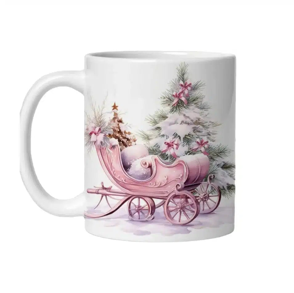 Cana personalizata, Craciun roz, Ceramica, Alb, 350 ml