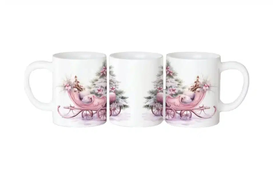 Cana personalizata, Craciun roz, Ceramica, Alb, 350 ml