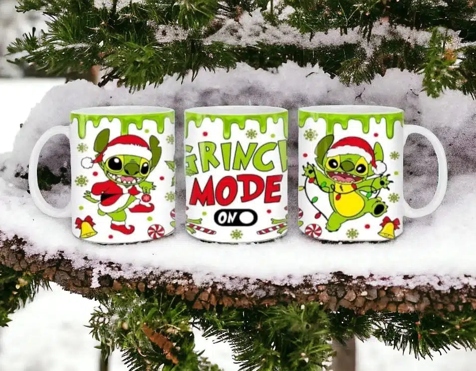 Cana personalizata, Stitch mode Grinch Model 2, Ceramica, Alb, 350 ml
