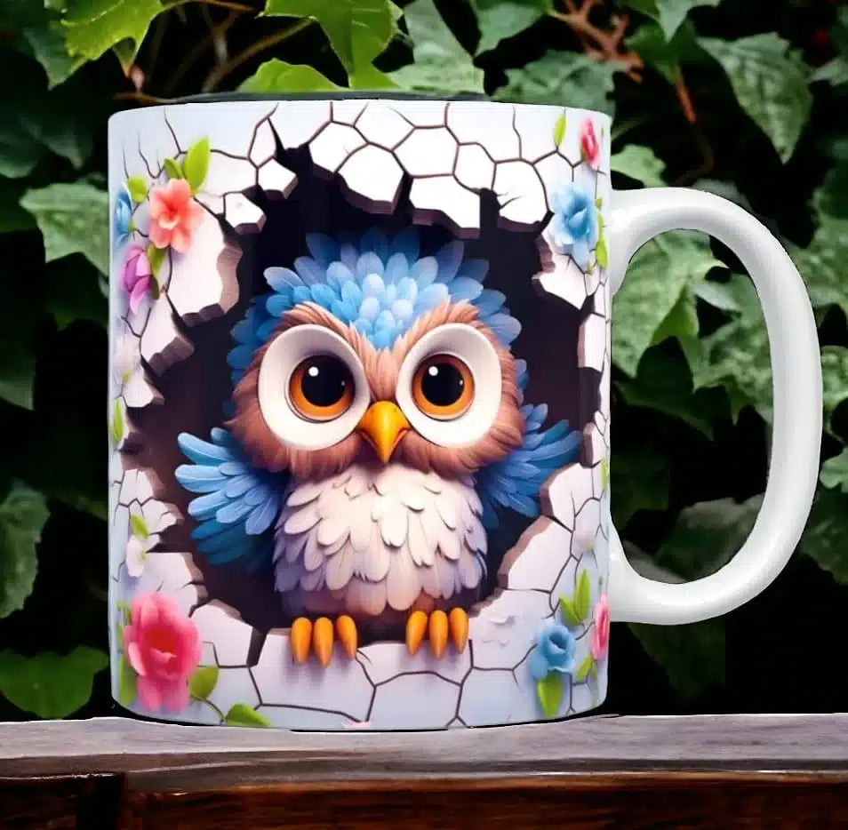 Cana personalizata, Bufnita colorata, Ceramica, Alb, 350 ml