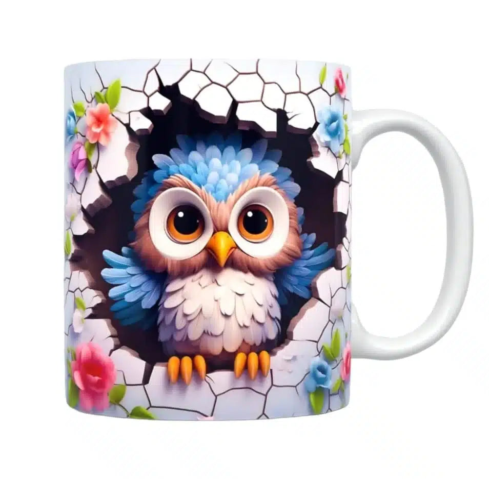 Cana personalizata, Bufnita colorata, Ceramica, Alb, 350 ml