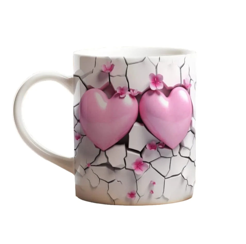 Cana personalizata, Inimioare roz in ochi, Ceramica, Alb, 350 ml