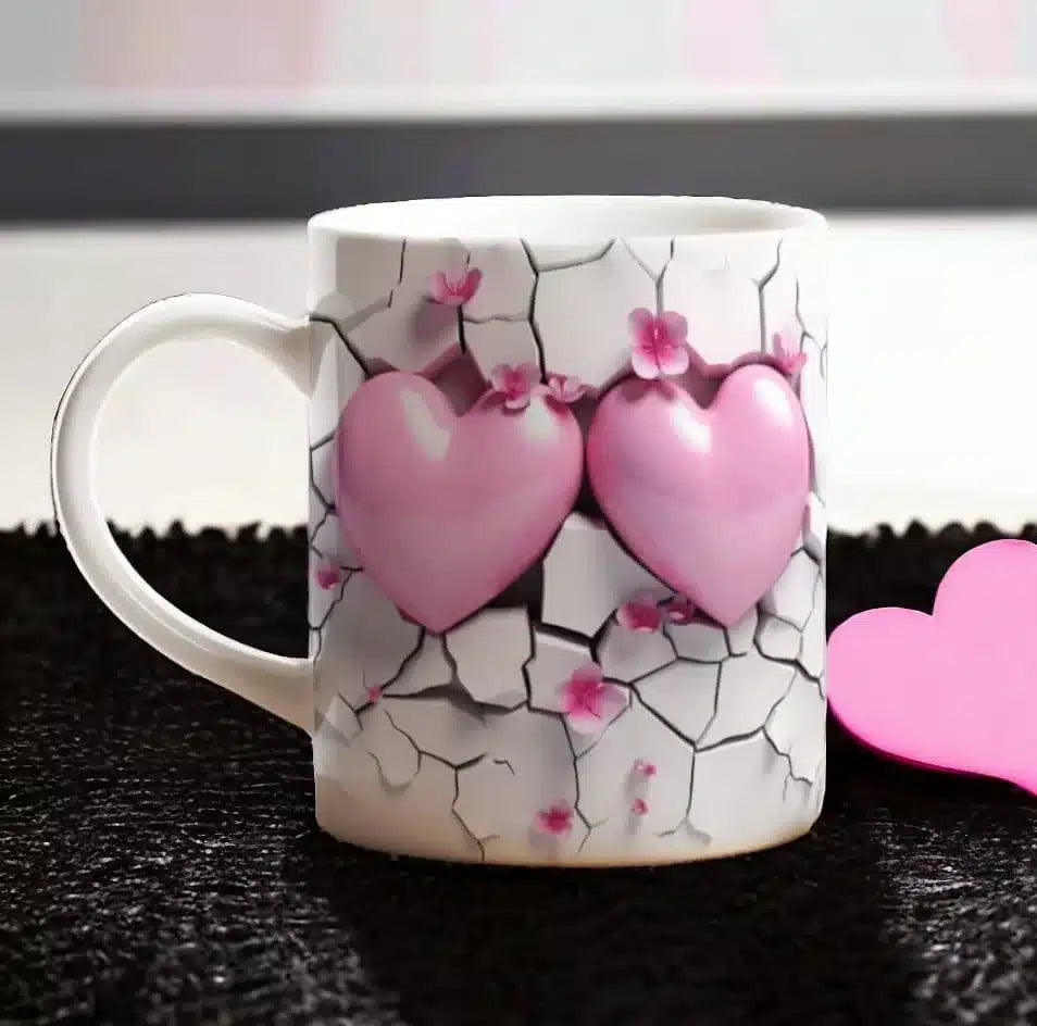 Cana personalizata, Inimioare roz in ochi, Ceramica, Alb, 350 ml