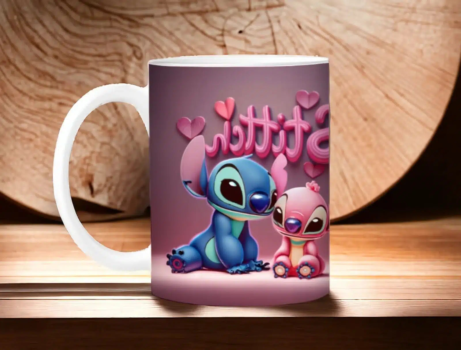 Cana personalizata, Iubesc Stitch si Angel Model 6 , Ceramica, Alb, 350 ml