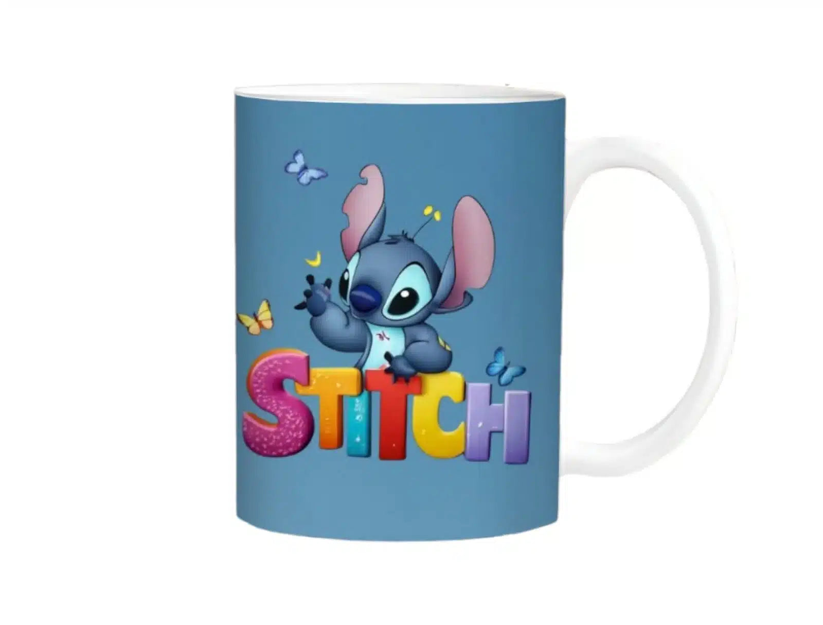 Cana personalizata, Stitch model pe albastru, Ceramica, Alb, 350 ml