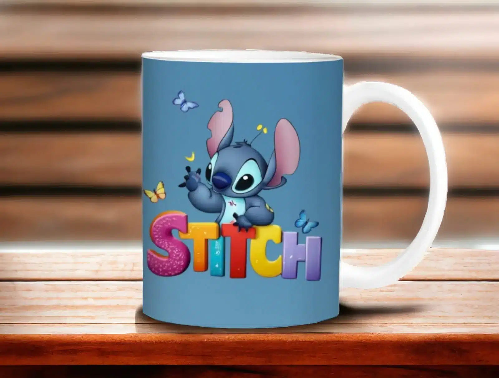 Cana personalizata, Stitch model pe albastru, Ceramica, Alb, 350 ml
