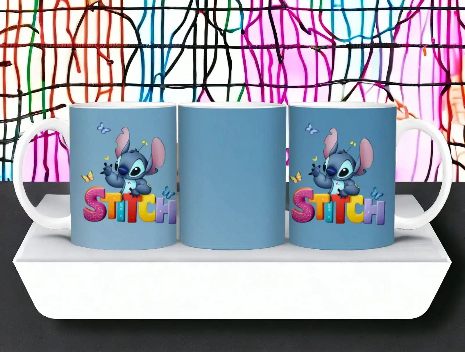 Cana personalizata, Stitch model pe albastru, Ceramica, Alb, 350 ml
