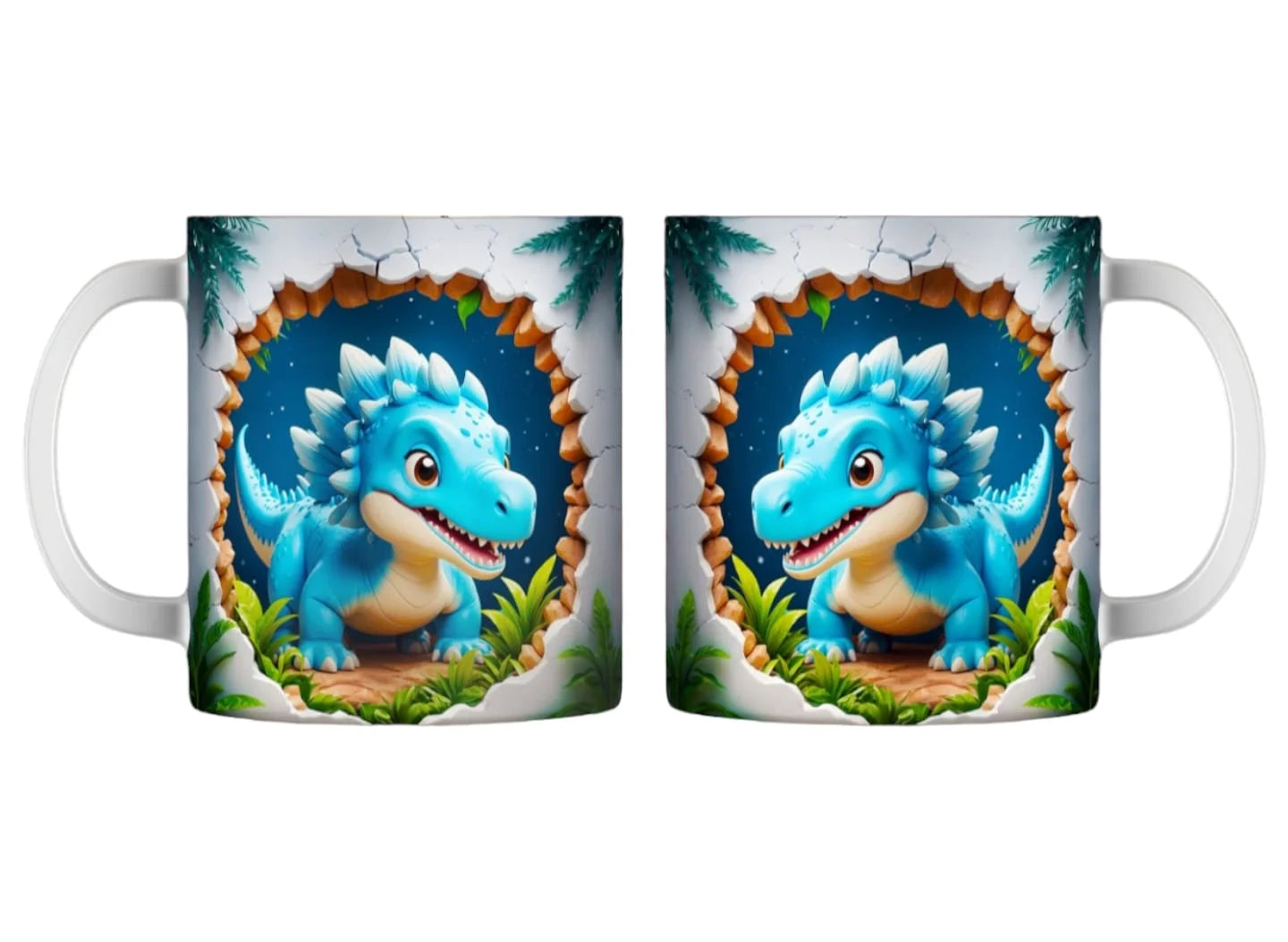 Cana personalizata, Dinozaur albastru, Ceramica, Alb, 350 ml