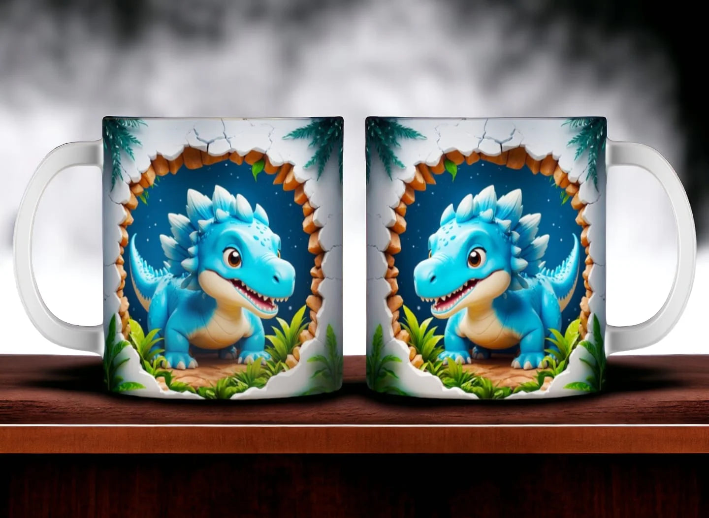 Cana personalizata, Dinozaur albastru, Ceramica, Alb, 350 ml