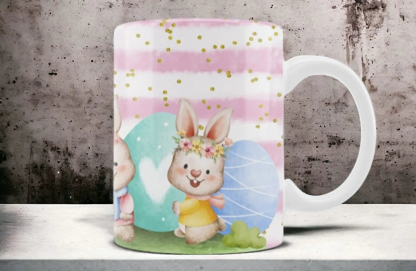 Cana personalizata, Iepurasi de Paste, Ceramica, Alb, 350 ml