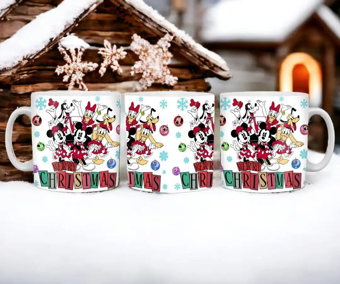 Cana personalizata, Mickey Mouse si prietenii de Craciun Model 1, Ceramica, Alb, 350 ml