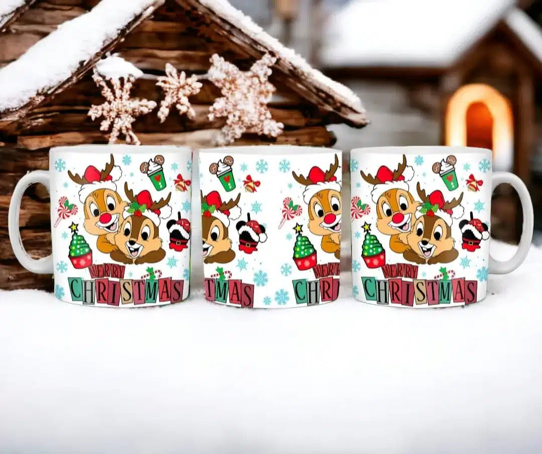 Cana personalizata, Chip si Dale de Craciun, Ceramica, Alb, 350 ml