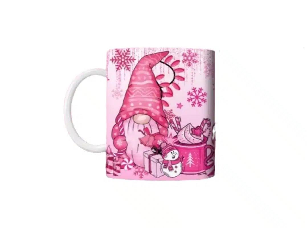 Cana personalizata, Gnom de Craciun Roz, Ceramica, Alb, 350 ml