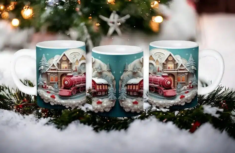 Cana personalizata, Locomotiva roz de Craciun, Ceramica, Alb, 350 ml